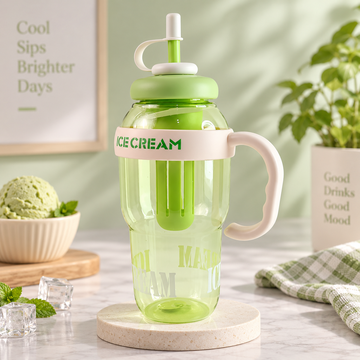 Ice Cream Water Bottle 1300ml with Straw & Handle – view 2