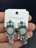 Oxidised Silver Jhumkas – Red, Green & Pink