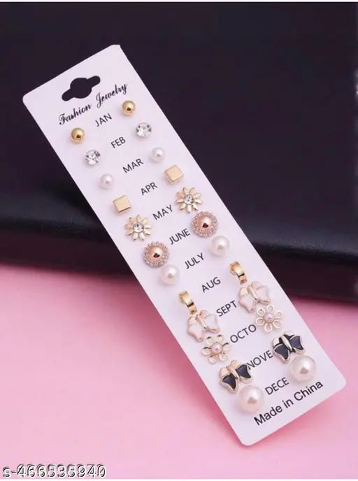 Zircon & Pearl Earring Set – 12 Pairs (Studs, Hoops, Cuffs)