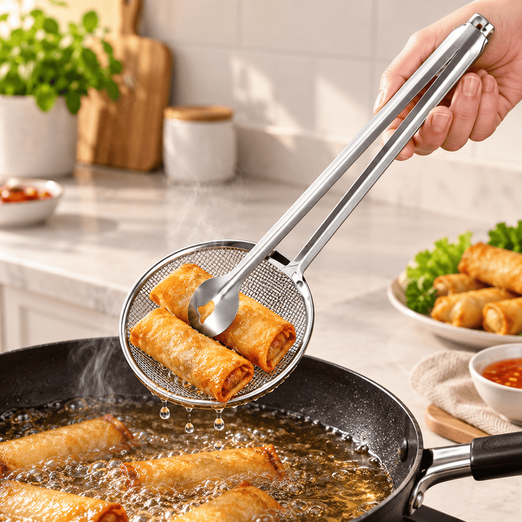 2-in-1 Stainless Steel Frying Strainer with Food Clip