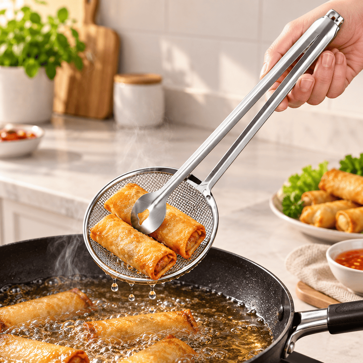 2-in-1 Stainless Steel Frying Strainer with Food Clip