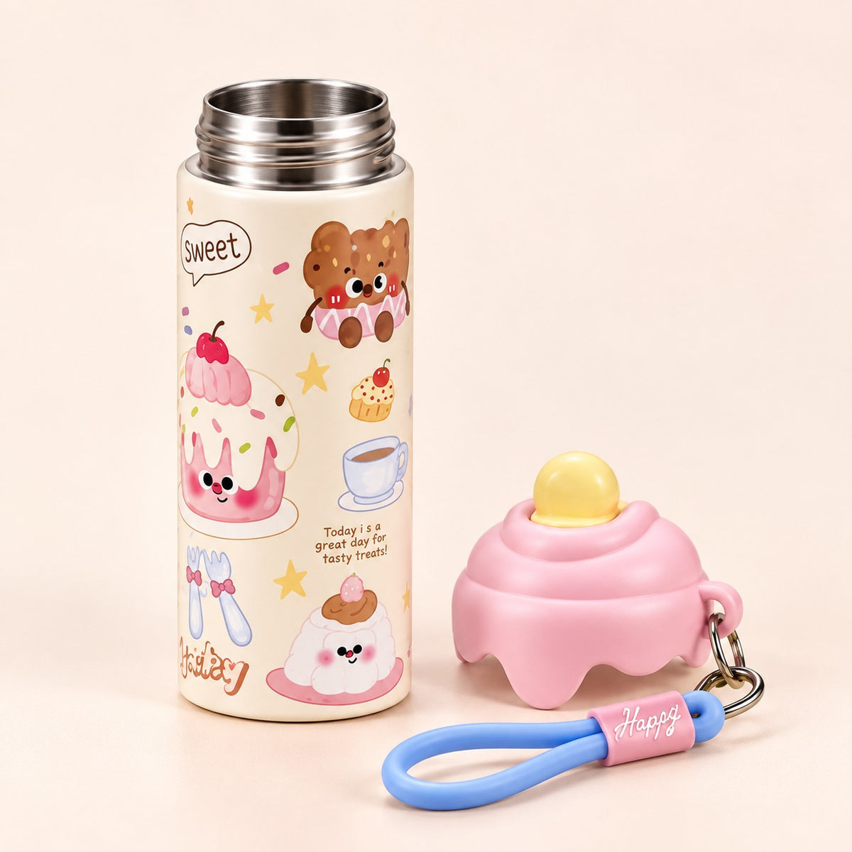 Kids Stainless Steel Water Bottle 600ml with Straw & Strap