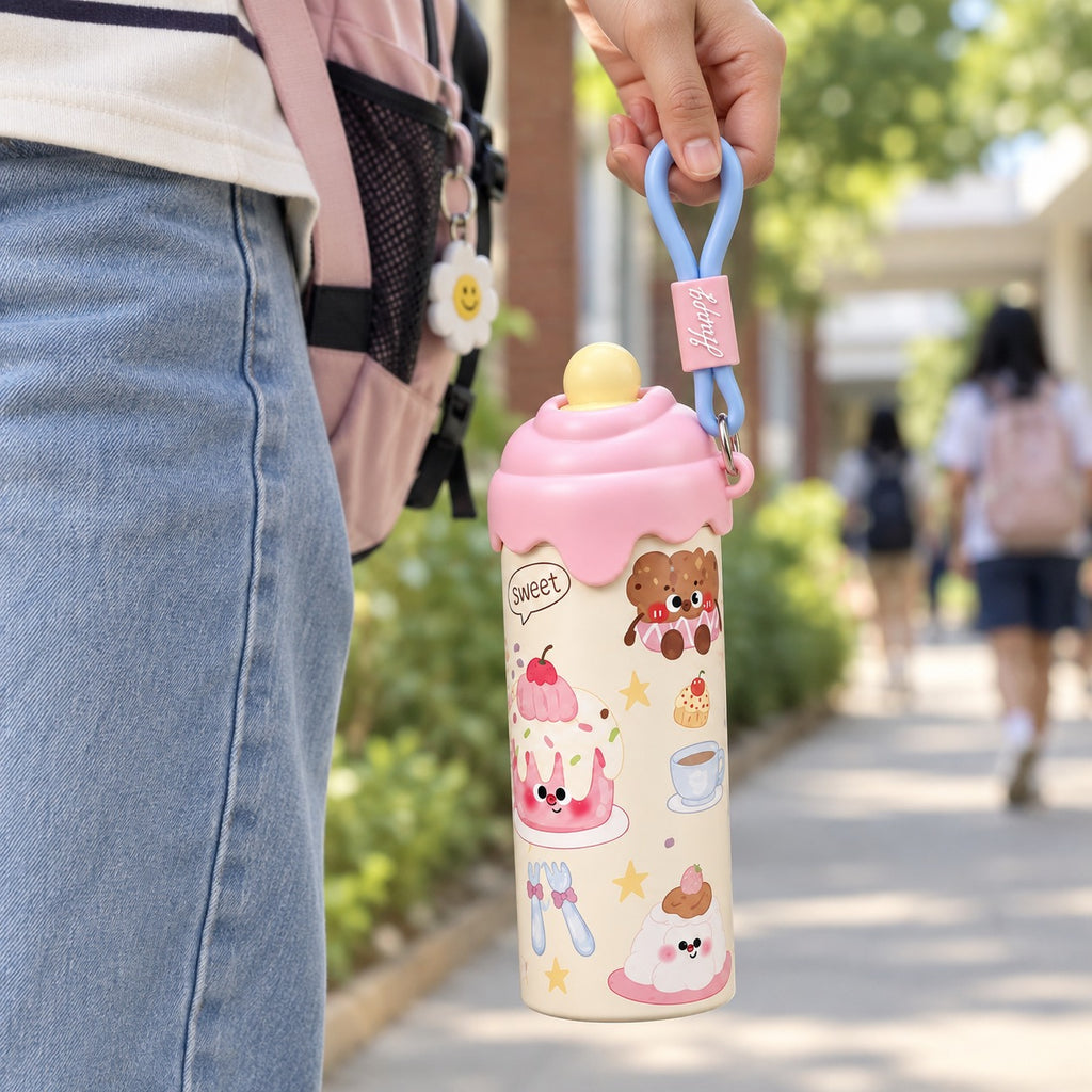 Kids Stainless Steel Water Bottle 600ml with Straw & Strap – view 6