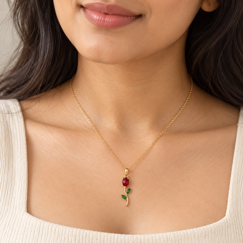 Gold Plated Tulip Flower Pendant Necklace for Women – Red & Green Floral Stainless Steel Chain