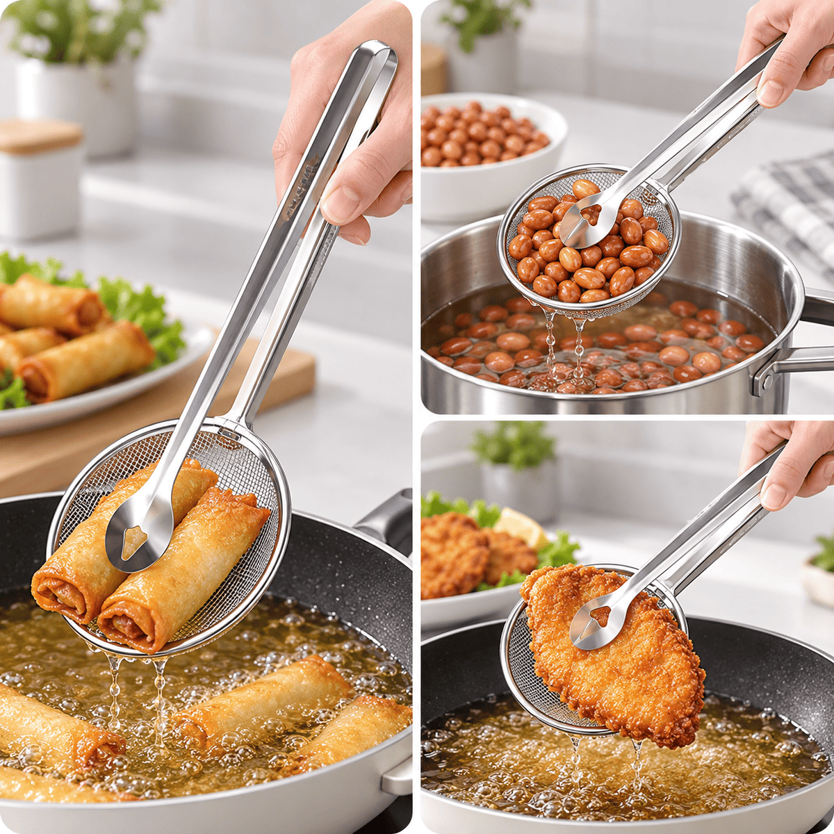 2-in-1 Stainless Steel Frying Strainer with Food Clip – view 4