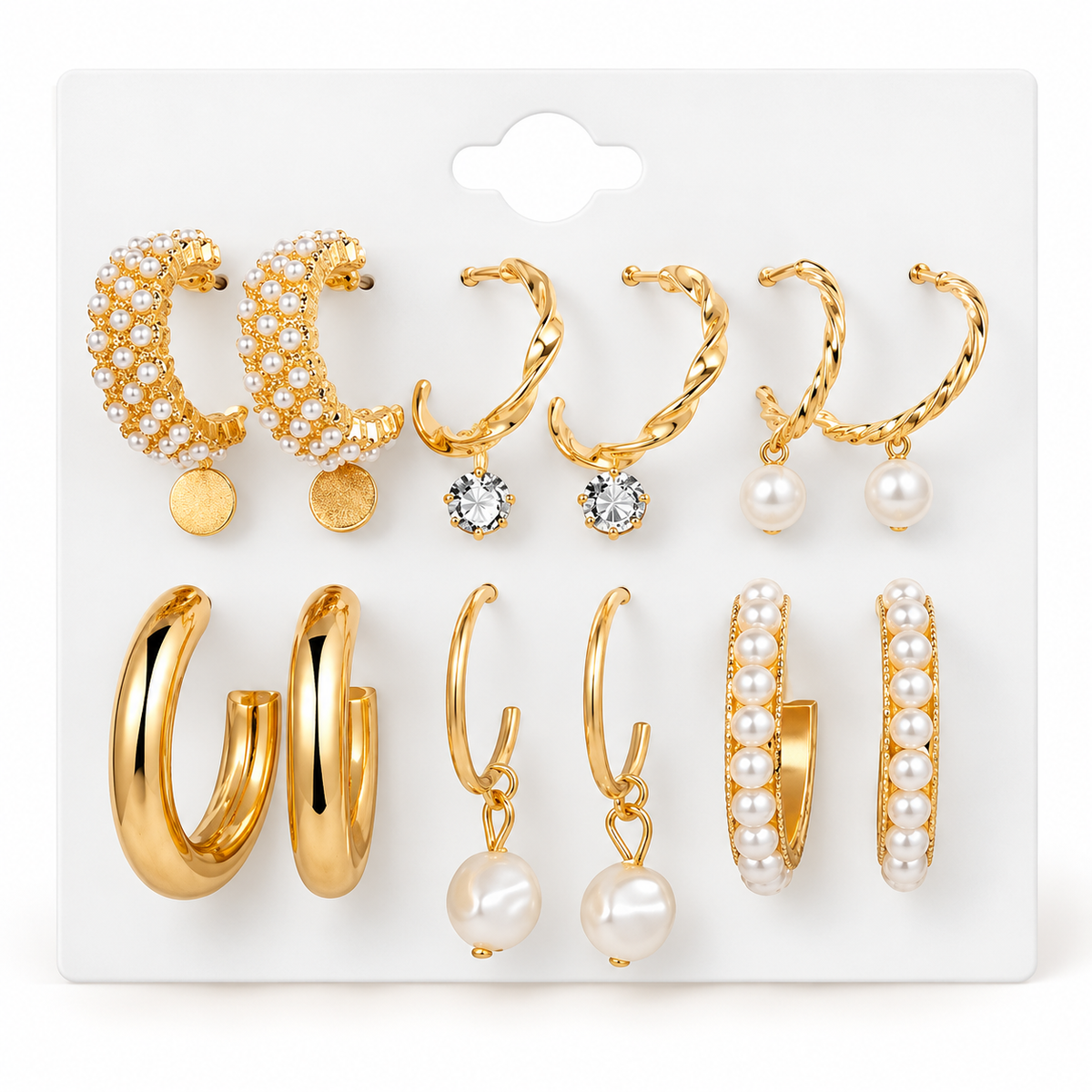 Pearl Hoop & Stud Earring Set – 9 Pairs, Gold-Plated