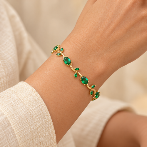 Gold Plated Green Crystal Tulip Bracelet for Women – Floral Leaf Design Stainless Steel Bracelet