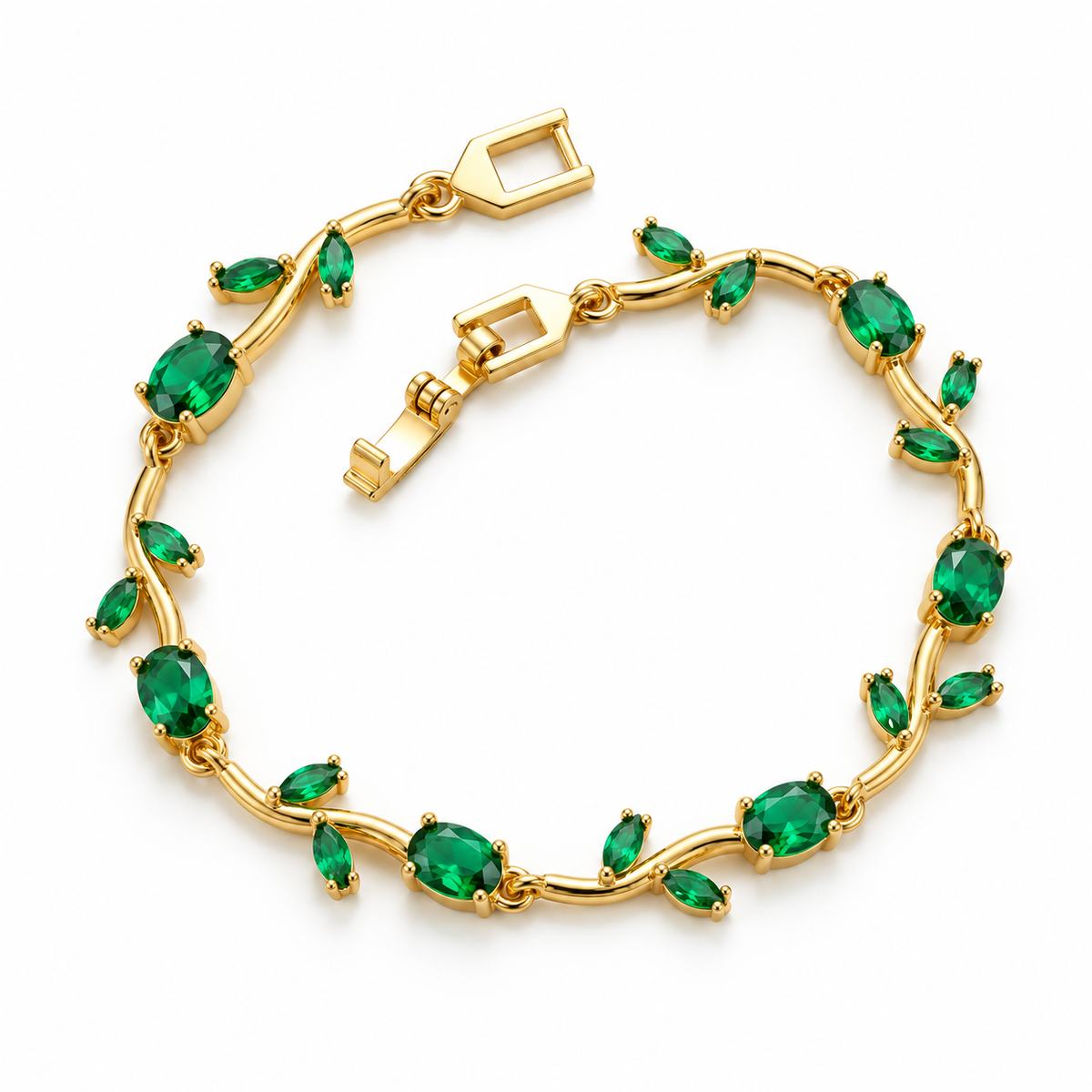 Gold Plated Green Crystal Tulip Bracelet for Women – Floral Leaf Design Stainless Steel Bracelet