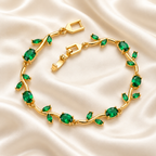 Gold Plated Green Crystal Tulip Bracelet for Women – Floral Leaf Design Stainless Steel Bracelet