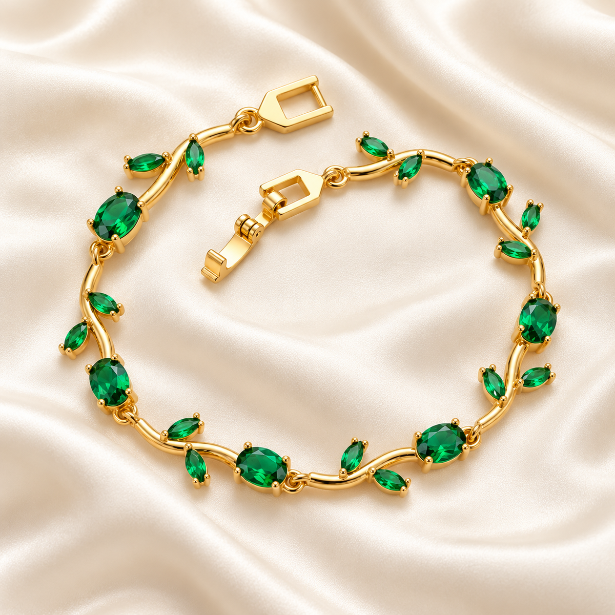Gold Plated Green Crystal Tulip Bracelet for Women – Floral Leaf Design Stainless Steel Bracelet