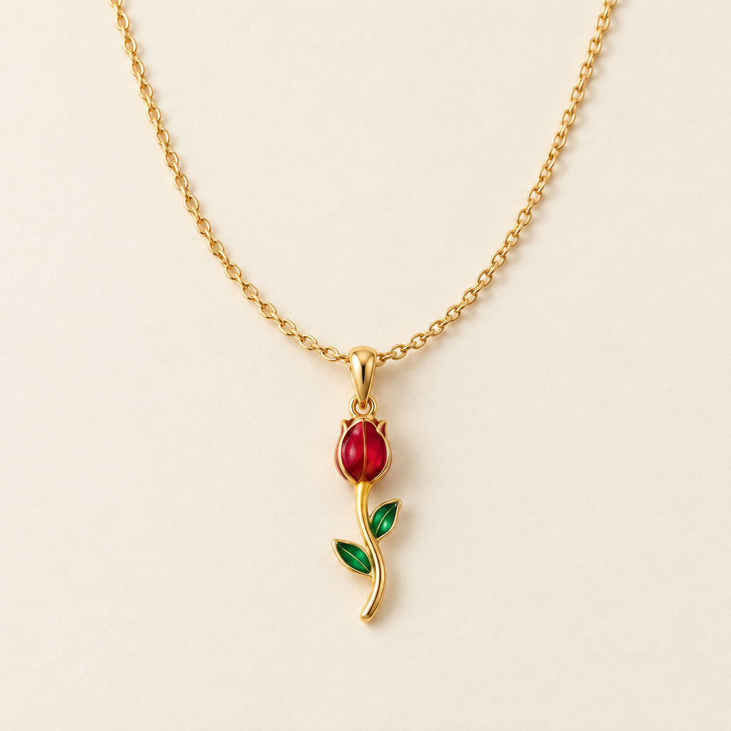 Gold Plated Tulip Flower Pendant Necklace for Women – Red & Green Floral Stainless Steel Chain