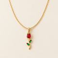 Gold Plated Tulip Flower Pendant Necklace for Women – Red & Green Floral Stainless Steel Chain