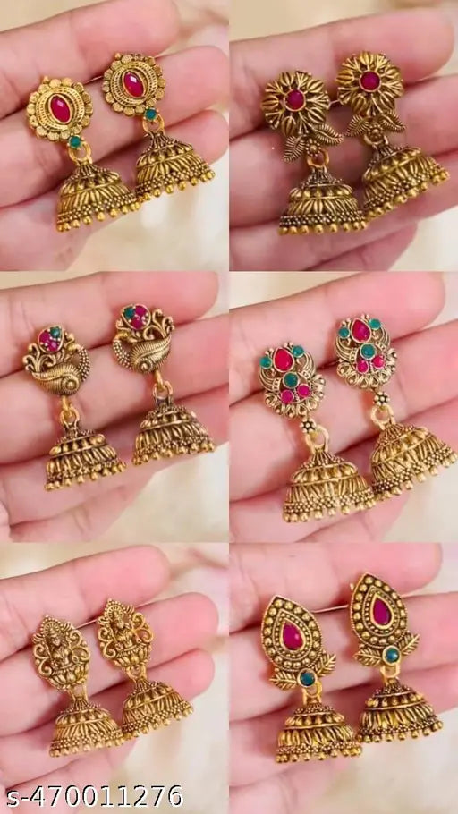 South Indian Gold Jhumka Pack – 6 Pairs