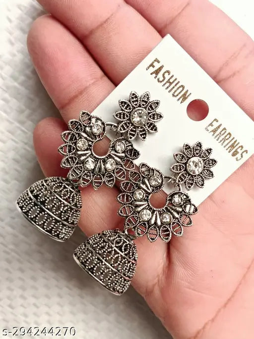 Oxidised Silver Earring Combo – 4 Pairs (Drops, Hoops & Jhumkis)