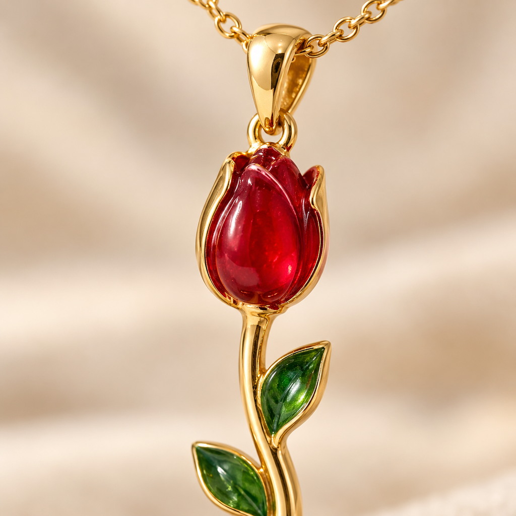 Gold Plated Tulip Flower Pendant Necklace for Women – Red & Green Floral Stainless Steel Chain