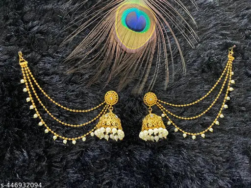 Pearl jhumkas with ear chain