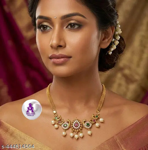 Peacock Temple Necklace with Pearls & CZ