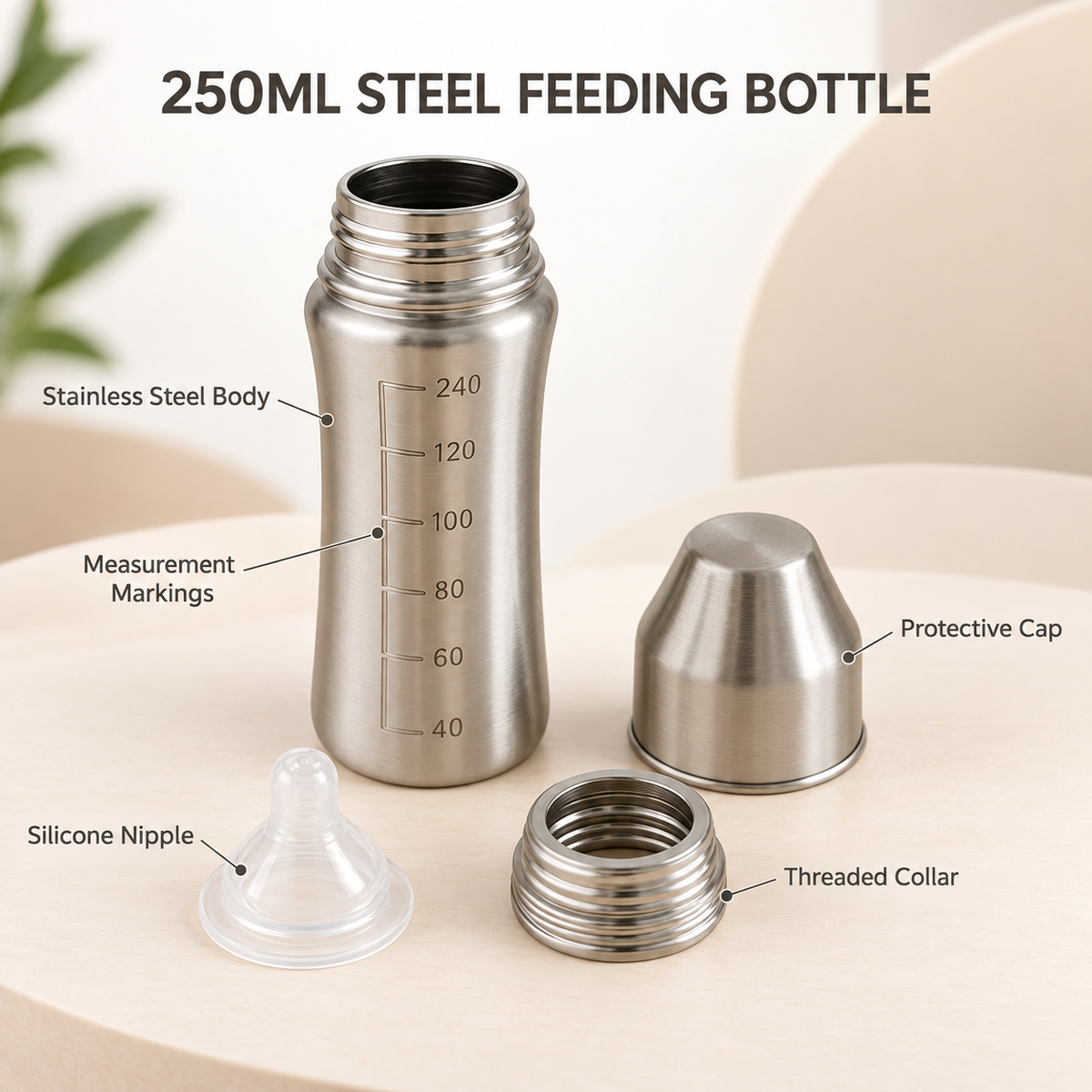 Stainless Steel Baby Feeding Bottle 250ml with Anti-Colic Nipple – view 2