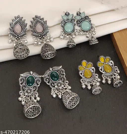 Oxidised silver jhumkas red green pink