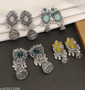 Oxidised silver jhumkas red green pink