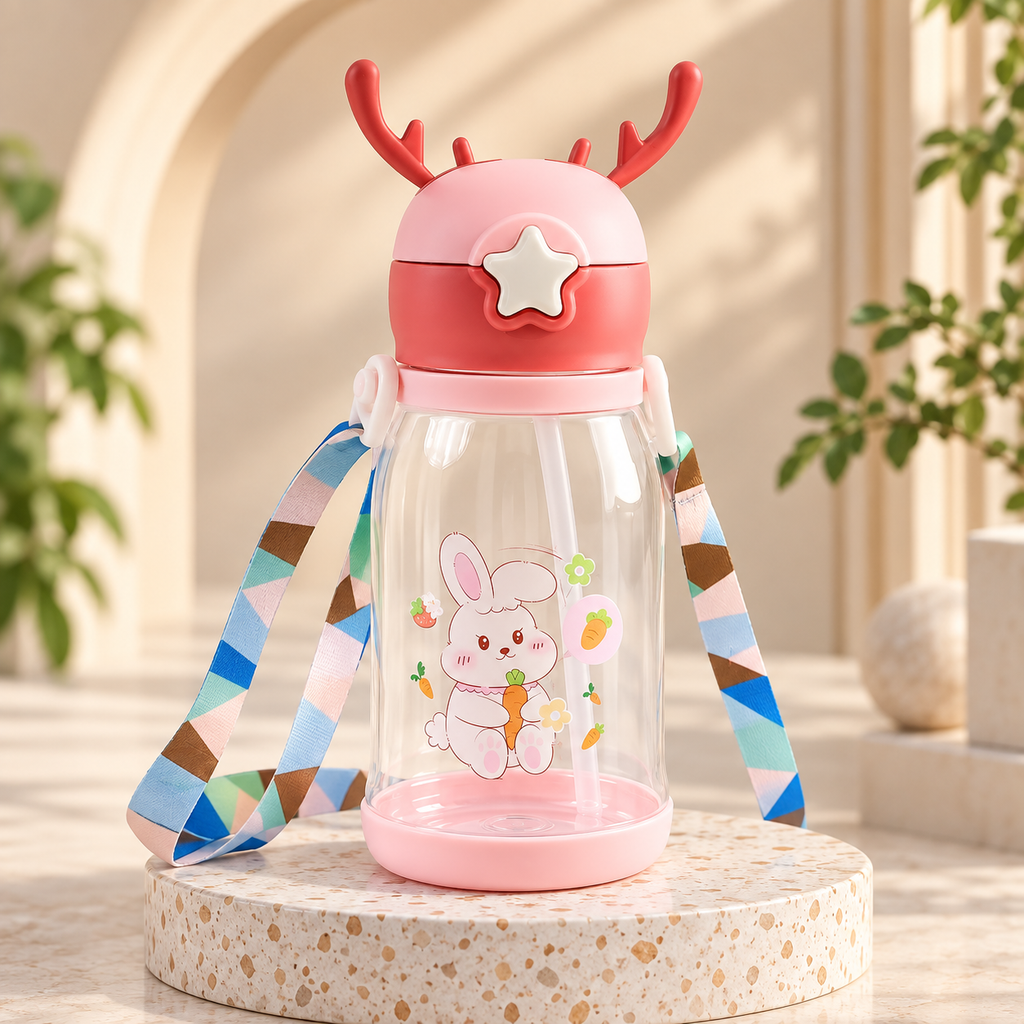 Kids Cartoon Bunny Water Bottle 450ml with Straw & Strap