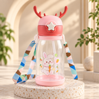 Kids Cartoon Bunny Water Bottle 450ml with Straw & Strap