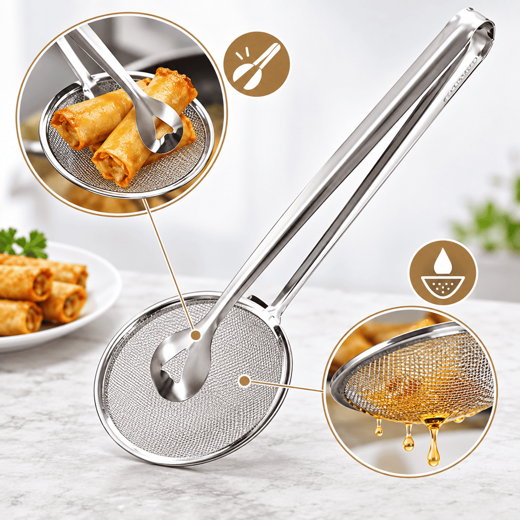 2-in-1 Stainless Steel Frying Strainer with Food Clip – view 3