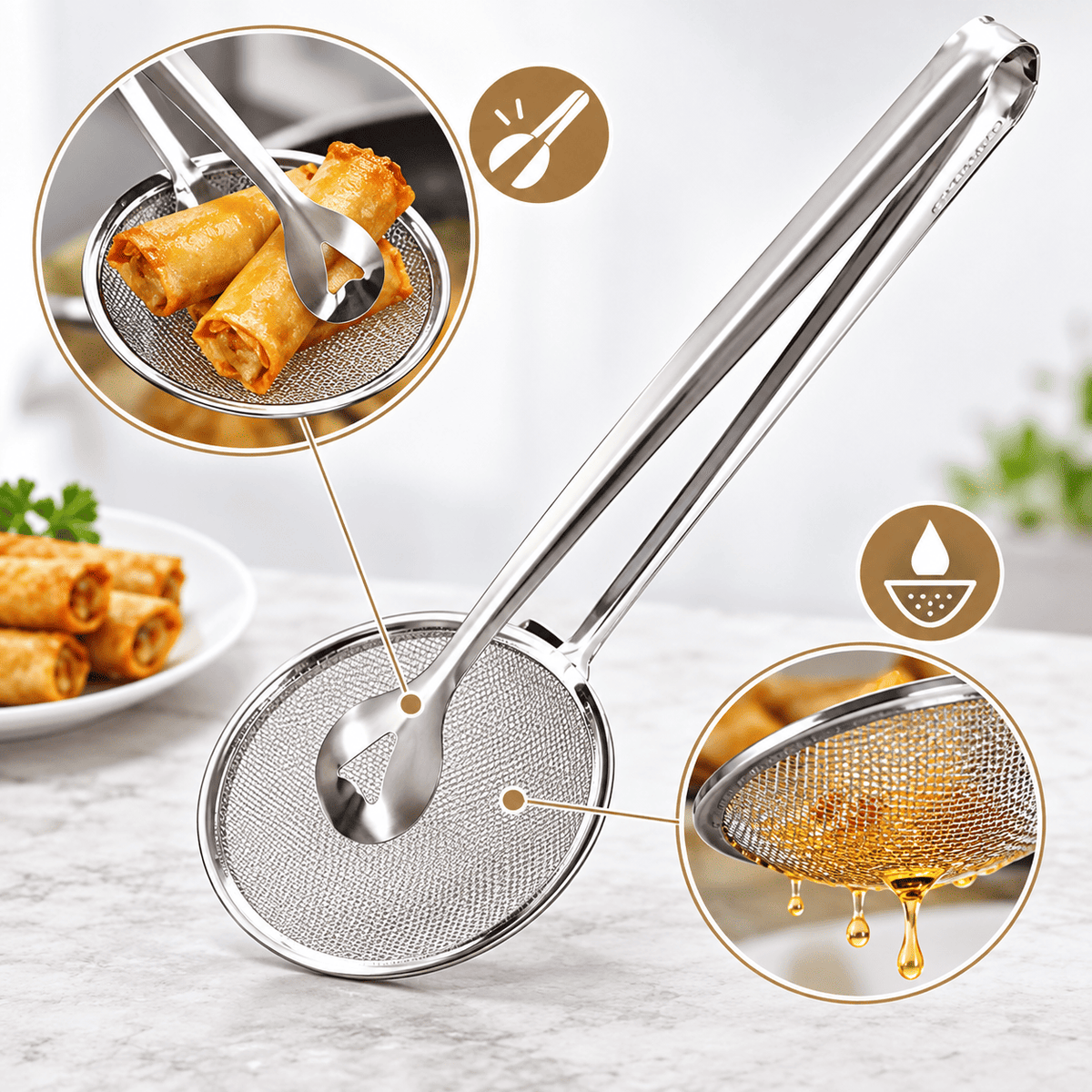 2-in-1 Stainless Steel Frying Strainer with Food Clip – view 3