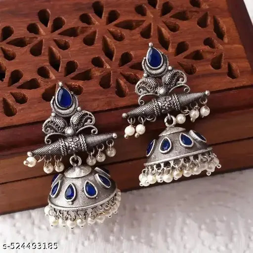 Jaipuri pearl jhumkas blue