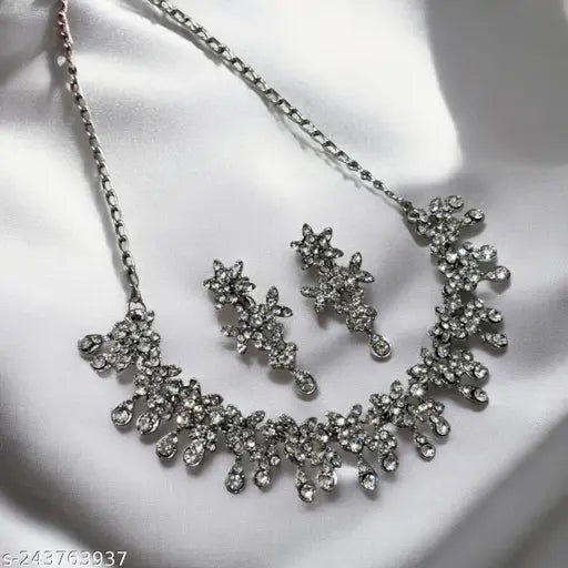 Floral American Diamond Necklace Set – Silver