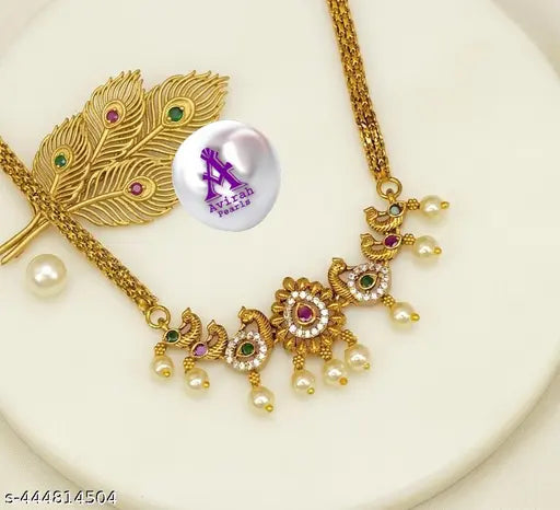 Peacock Temple Necklace with Pearls & CZ