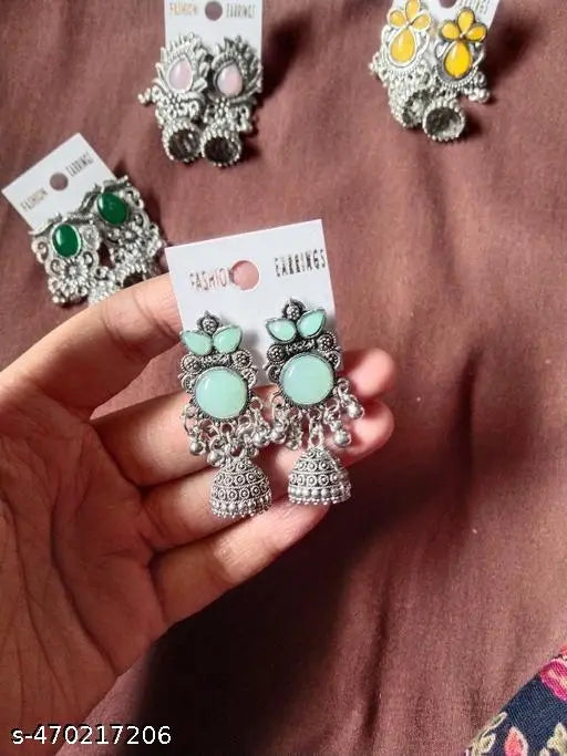 Oxidised Silver Jhumkas – Red, Green & Pink