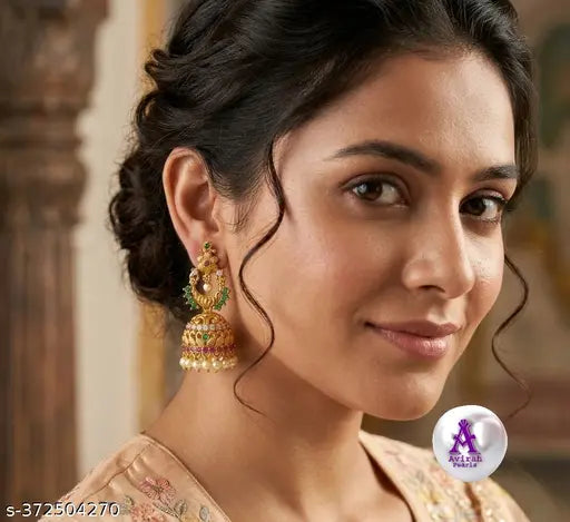 Antique Gold Temple Jhumkas – Ruby & Emerald Stones