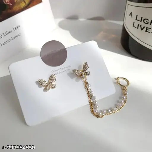 Butterfly Studs with Pearl Chain Ear Cuff