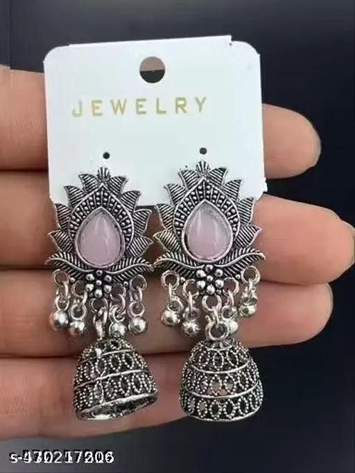 Oxidised Silver Jhumkas – Red, Green & Pink