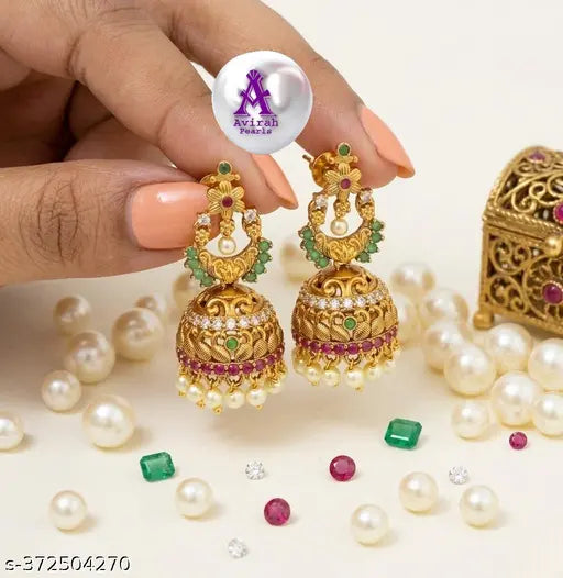 Antique Gold Temple Jhumkas – Ruby & Emerald Stones