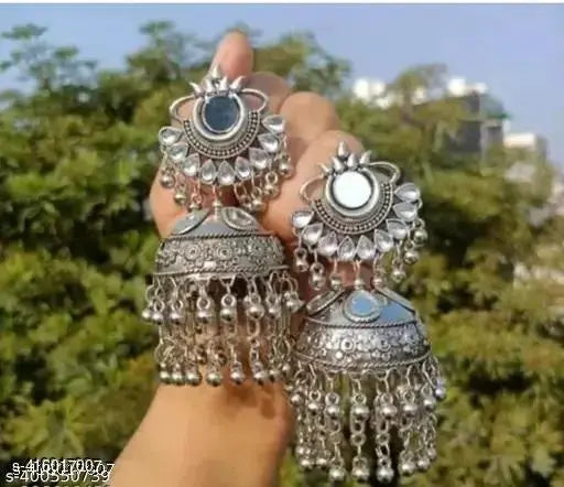 Oxidised Mirror Jhumkas – 2 Pairs