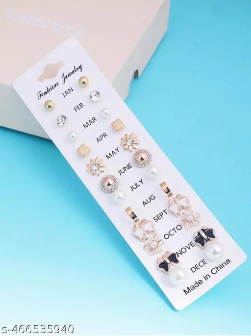 Zircon & Pearl Earring Set – 12 Pairs (Studs, Hoops, Cuffs)