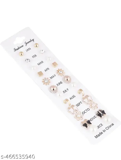 Zircon & Pearl Earring Set – 12 Pairs (Studs, Hoops, Cuffs)