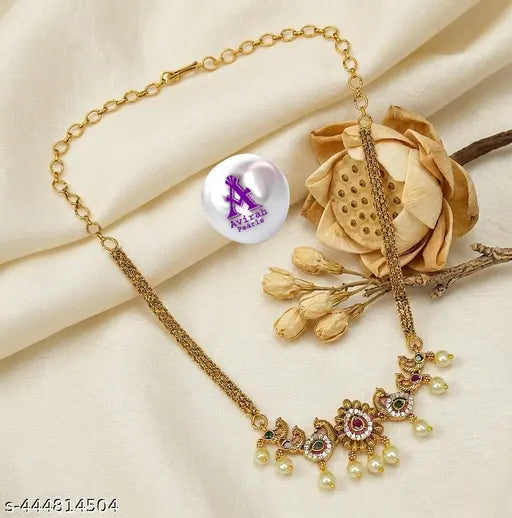 Peacock Temple Necklace with Pearls & CZ