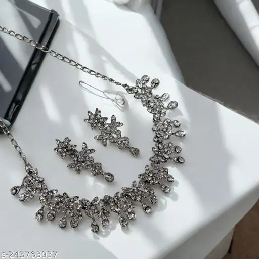 Floral American Diamond Necklace Set – Silver