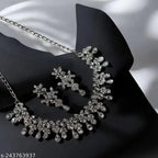 Floral American Diamond Necklace Set – Silver