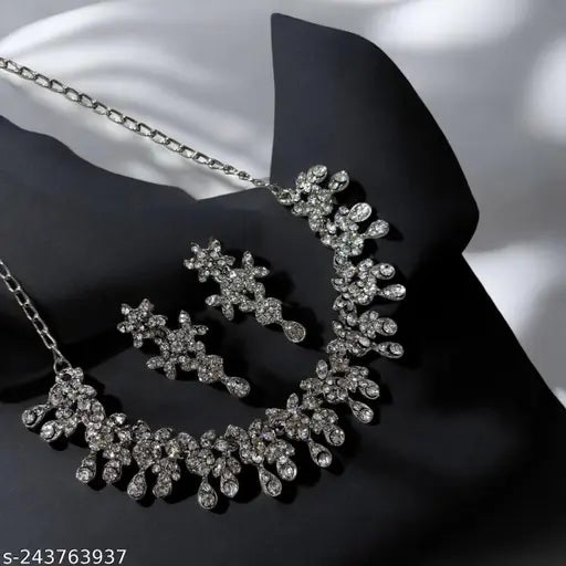 Floral American Diamond Necklace Set – Silver