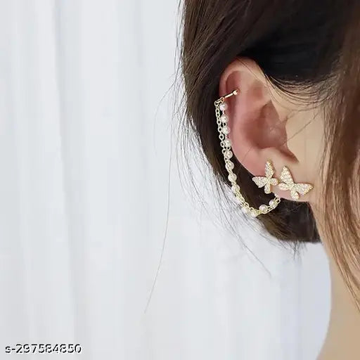 Butterfly Studs with Pearl Chain Ear Cuff