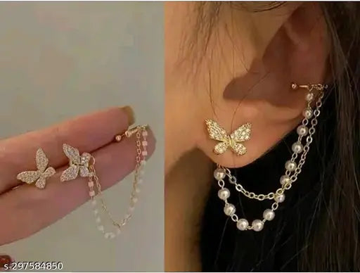 Butterfly studs with pearl chain ear cuff