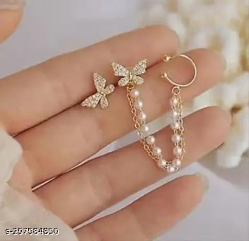 Butterfly Studs with Pearl Chain Ear Cuff