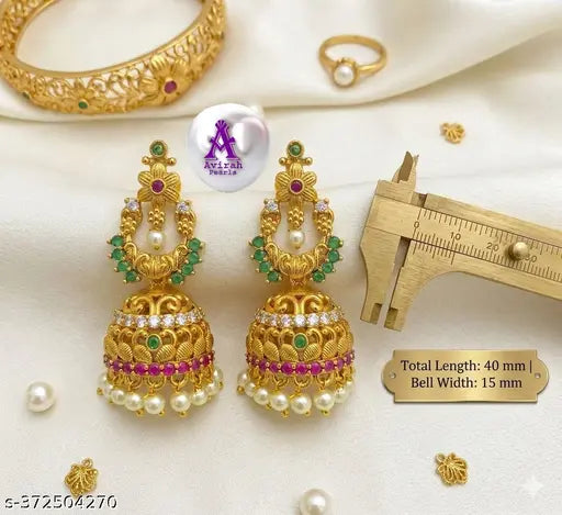 Antique Gold Temple Jhumkas – Ruby & Emerald Stones